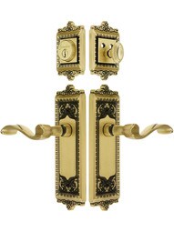 Grandeur Windsor Entry Door Set, Keyed Alike with Portofino Levers in Antique Brass.